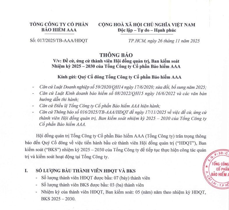 THÔNG BÁO CẬP NHẬT TÀI LIỆU HỌP ĐẠI HỘI ĐỒNG CỔ ĐÔNG THƯỜNG NIÊN NĂM 2025